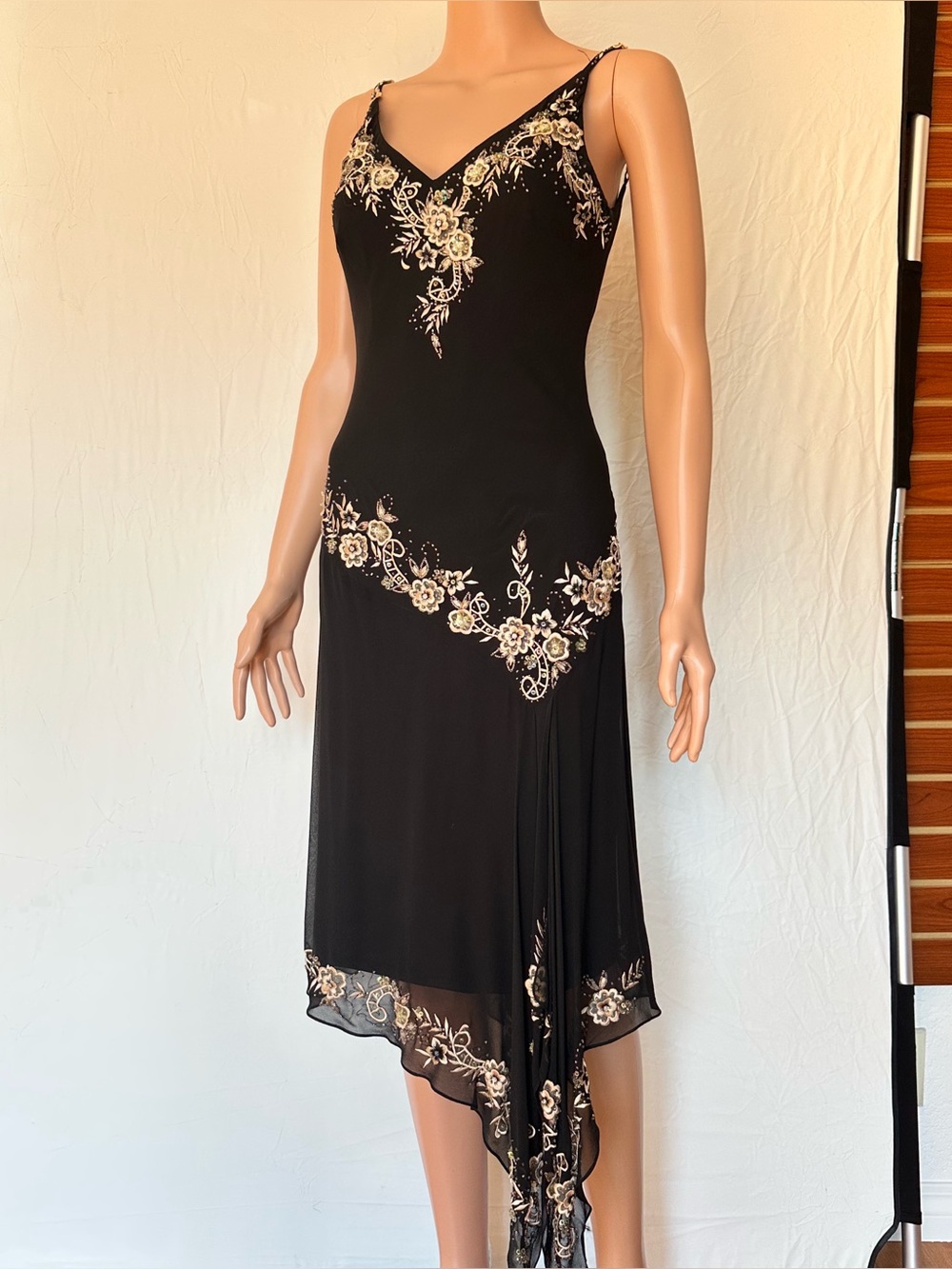 Cache Black Slip Dress with Cream and Gold Floral Embroidery